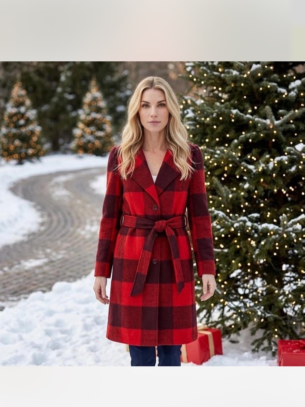 G by Giuliana Red Plaid Belted Pea Coat